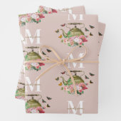 Theepot Party Roze Bloemen & Vlinders Monogram Inpakpapier Vel (In situ)
