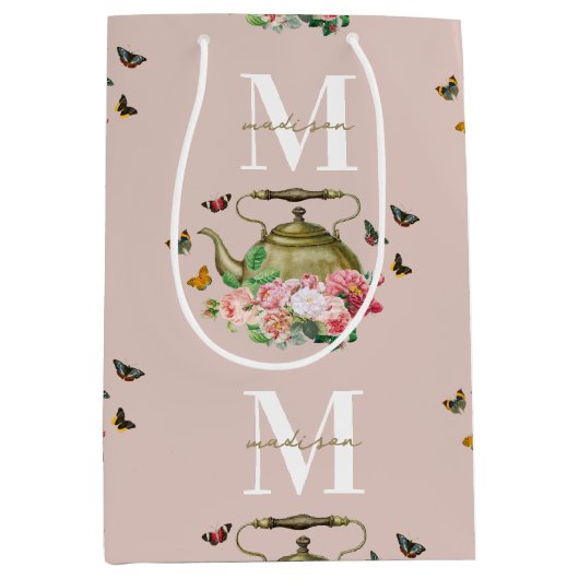 Theepot Party Roze Bloemen & Vlinders Monogram Medium Cadeauzakje (Voorkant)