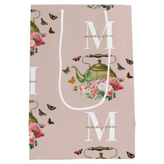 Theepot Party Roze Bloemen & Vlinders Monogram Medium Cadeauzakje (Achterkant)