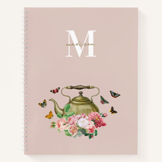 Theepot Party Roze Bloemen & Vlinders Monogram Notitieboek (Voorkant)