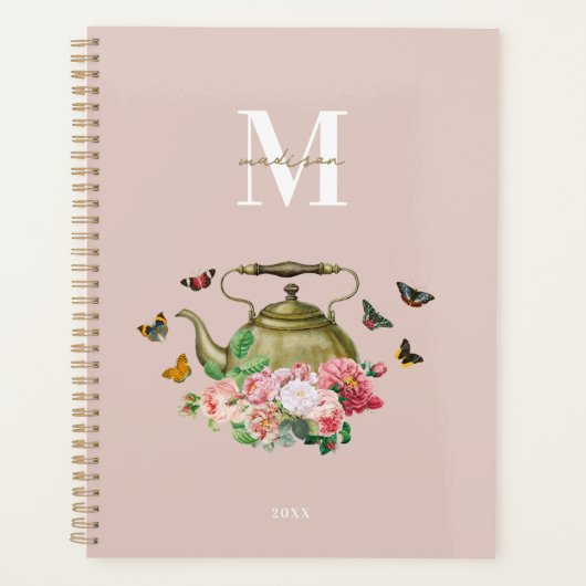 Theepot Party Roze Bloemen & Vlinders Monogram Planner (Voorkant)