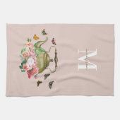 Theepot Party Roze Bloemen & Vlinders Monogram Theedoek (Horizontaal)