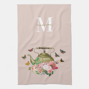 Theepot Party Roze Bloemen & Vlinders Monogram Theedoek