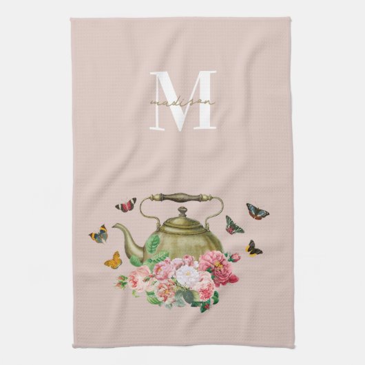 Theepot Party Roze Bloemen & Vlinders Monogram Theedoek (Verticaal)