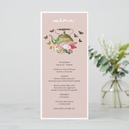 Theepot Party Roze Bloemen Vlinders Vrijgezellenfe Menu (Staand voorkant)