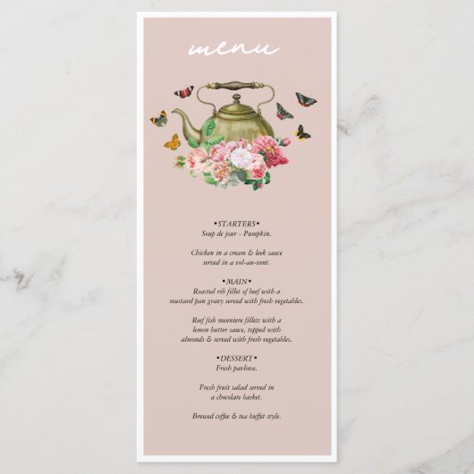 Theepot Party Roze Bloemen Vlinders Vrijgezellenfe Menu (Voorkant)