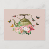 Theepot Party Roze Bloemen & Vlinders Waterkoker Feestdagenkaart (Voorkant)