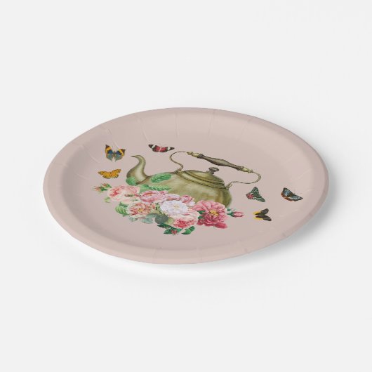 Theepot Party Roze Bloemen & Vlinders Waterkoker Papieren Bordje (Gekanteld)