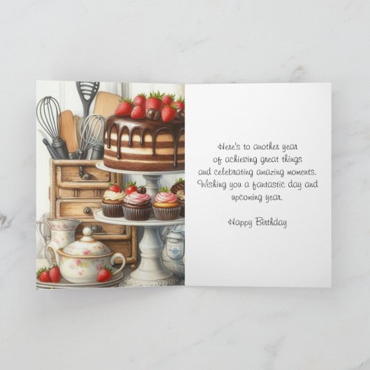  theepot theekop en chocoladetaart Verjaardag Kaart (Binnen)
