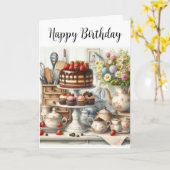  theepot theekop en chocoladetaart Verjaardag Kaart (Gele Bloem)