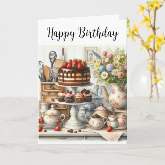  theepot theekop en chocoladetaart Verjaardag Kaart (Gele Bloem)