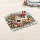 Theepot Vogelhuis Kardinaal 4 Kartonnen Onderzetters (Schuin)