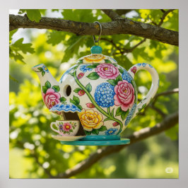 Theepot Vogelhuis met Bloemen Poster
