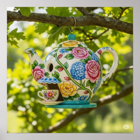 Theepot Vogelhuis met Bloemen Poster (Voorkant)