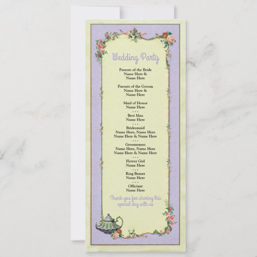 Theepot Wonderland Bruiloftsprogramma Bloemendetai Kaart (Achterkant)