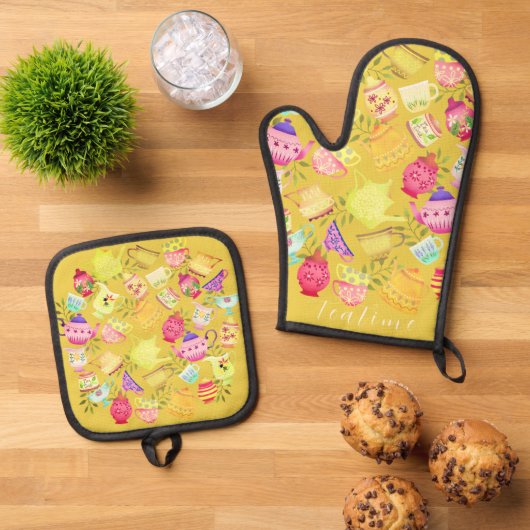 Theepotten en Cups Mosterd Ovenwant & Pannenlap Set (Top down)