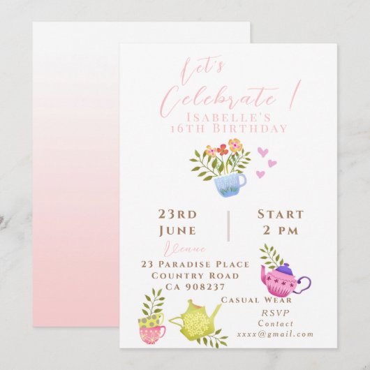 Theepotten en Cups Verjaardag Aankondiging (Voorkant / Achterkant)