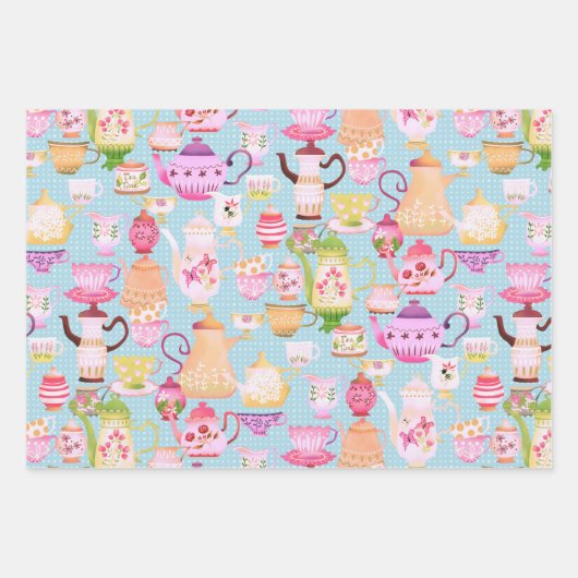 Theepotten en kopjes blauw inpakpapier vel (Voorkant 3)