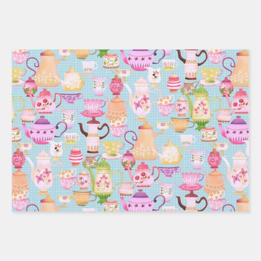 Theepotten en kopjes blauw inpakpapier vel (Voorkant 2)