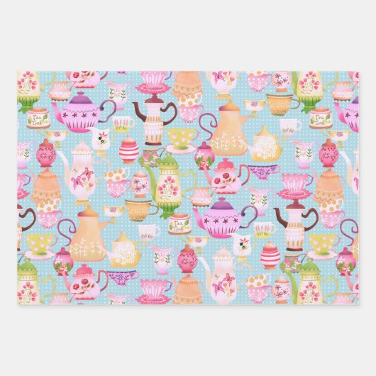 Theepotten en kopjes blauw inpakpapier vel (Voorkant)