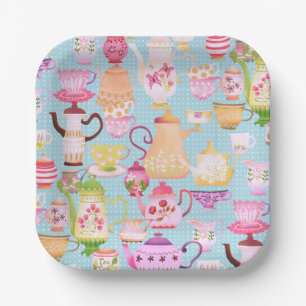 Theepotten en kopjes blauw papieren bordje