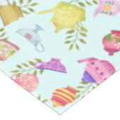 Theepotten en kopjes blauw tafelkleed (Gekanteld)