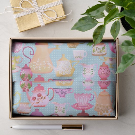 Theepotten en kopjes blauw tissuepapier (Geschenk)
