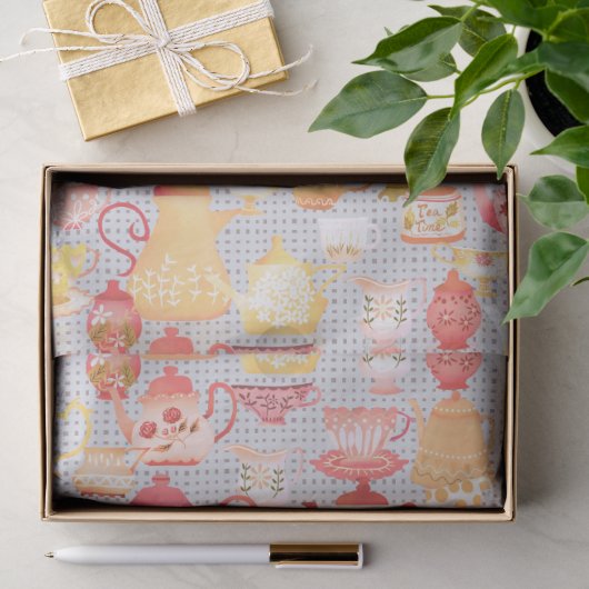 Theepotten en kopjes grijs tissuepapier (Geschenk)