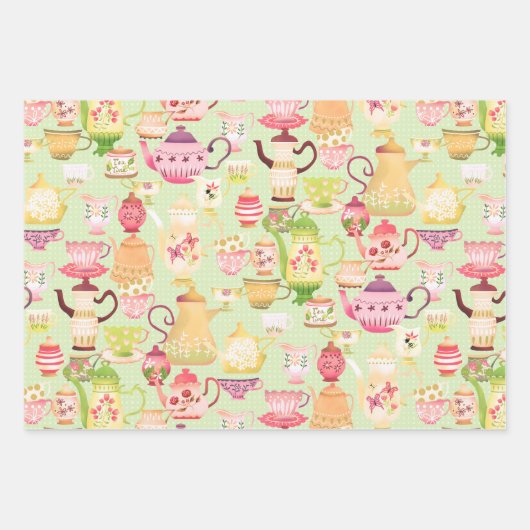 Theepotten en kopjes groen inpakpapier vel (Voorkant 3)
