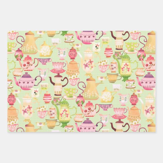 Theepotten en kopjes groen inpakpapier vel (Voorkant 2)