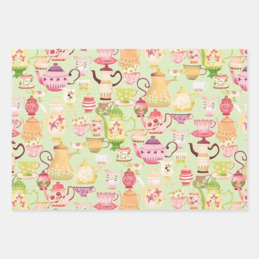 Theepotten en kopjes groen inpakpapier vel (Voorkant)