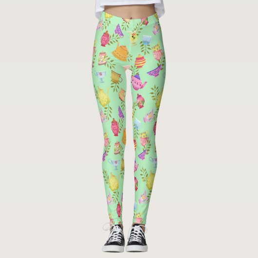 Theepotten en kopjes groen leggings (Voorkant)