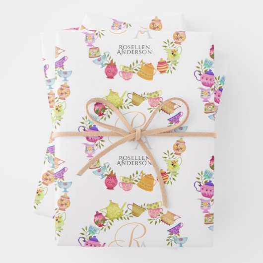 Theepotten en kopjes monogram inpakpapier vel (In situ)