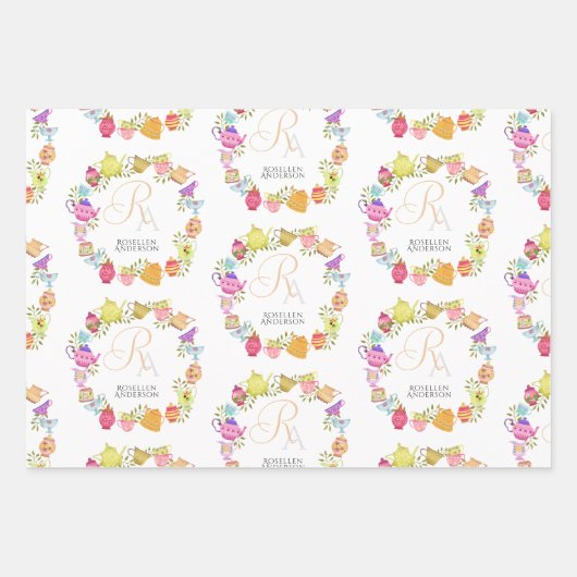 Theepotten en kopjes monogram inpakpapier vel (Voorkant)