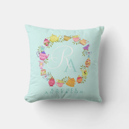 Theepotten en kopjes Monogram Pastel Blauw Kussen