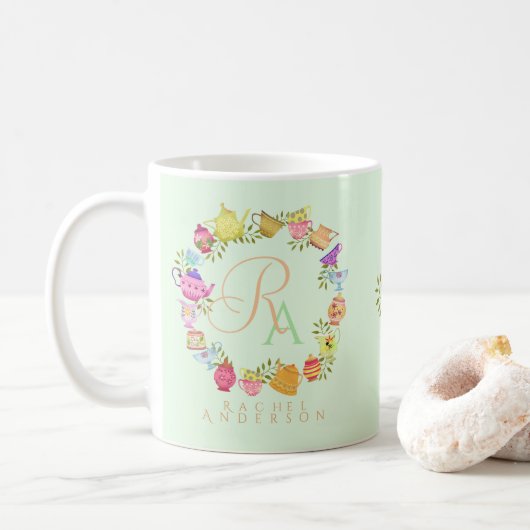 Theepotten en kopjes Monogram Pastel Groene Mok (Met donut)