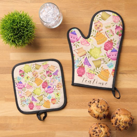 Theepotten en kopjes ovenwant & pannenlap set (Top down)