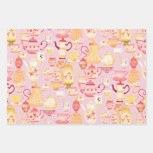 Theepotten en kopjes perzik inpakpapier vel (Voorkant)