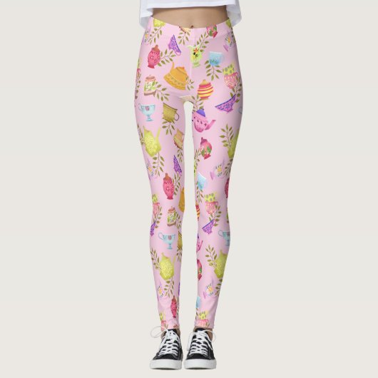 Theepotten en kopjes roze leggings (Voorkant)