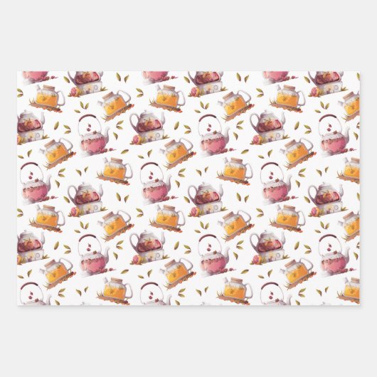 Theepotten en Theebladeren Waterverf Inpakpapier Vel (Voorkant 2)