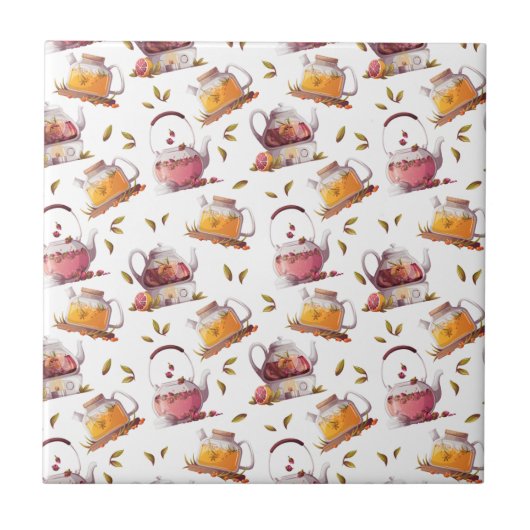 Theepotten en Theebladeren Waterverf Tegeltje (Voorkant)