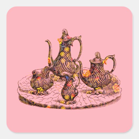  theepotten op roze decoratieve stickers (Voorkant)