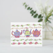 Theepotten Theetijd Bloemen Sinaasappel Briefkaart (Staand voorkant)