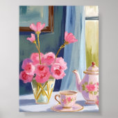 Theesalon Roze Bloem Schilderij Bloemstuk Poster (Voorkant)