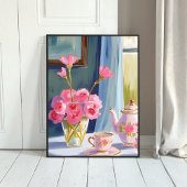 Theesalon Roze Bloem Schilderij Bloemstuk Poster