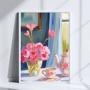 Theesalon Roze Bloem Schilderij Bloemstuk Poster