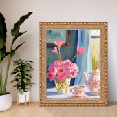 Theesalon Roze Bloem Schilderij Bloemstuk Poster