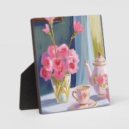 Theesalon Roze Bloem Schilderkunst Bloemschilderku Fotoplaat