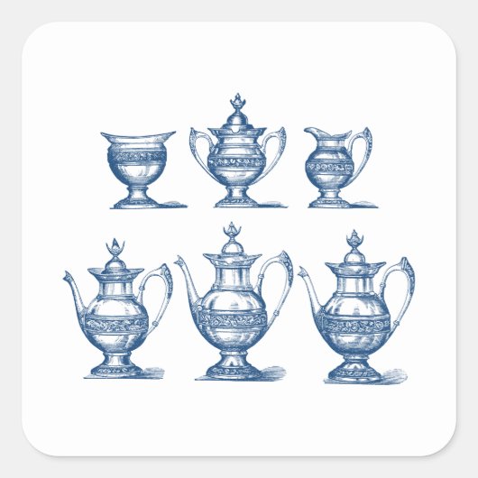 theeset blauw wit koffiepot decoratief vierkante sticker (Voorkant)