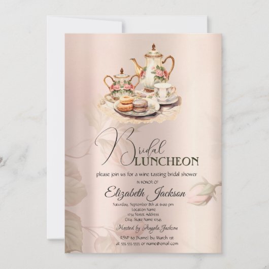 Theeset Chique Rozen  Bruids Luncheon Kaart (Voorkant)